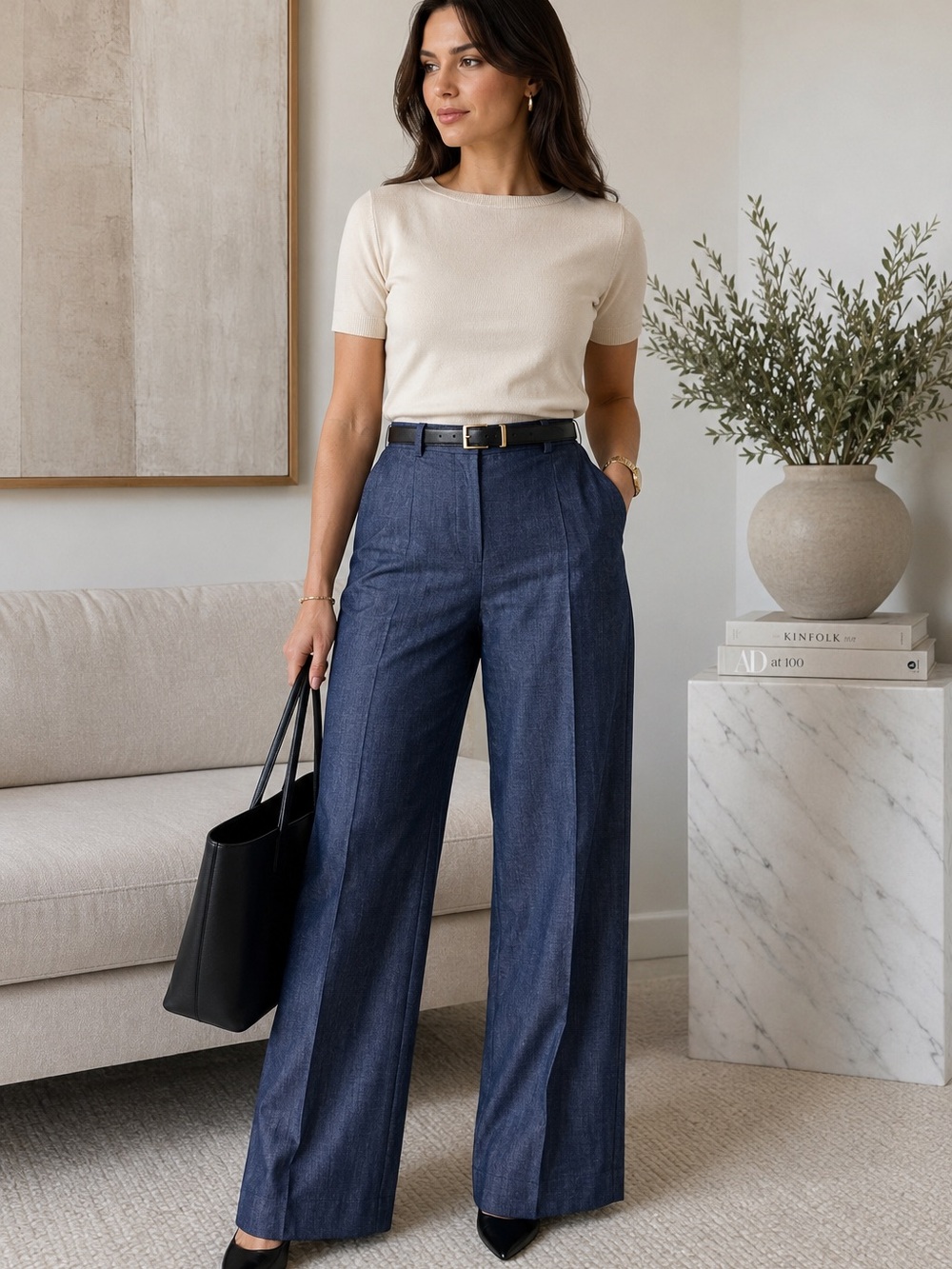 Alex Marie Blue Chambray Wide Leg Career Trousers Size 12 Quiet Luxury
